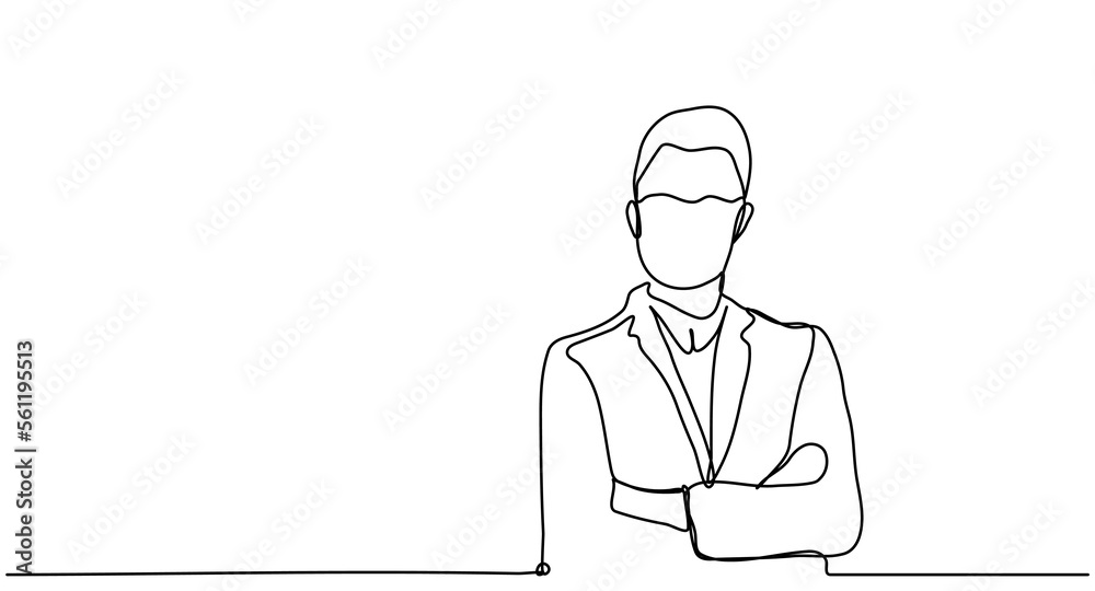 Business man standing with his arms crossed. Single line drawing