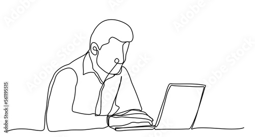 Businessman sitting and working using laptop. Single line drawing