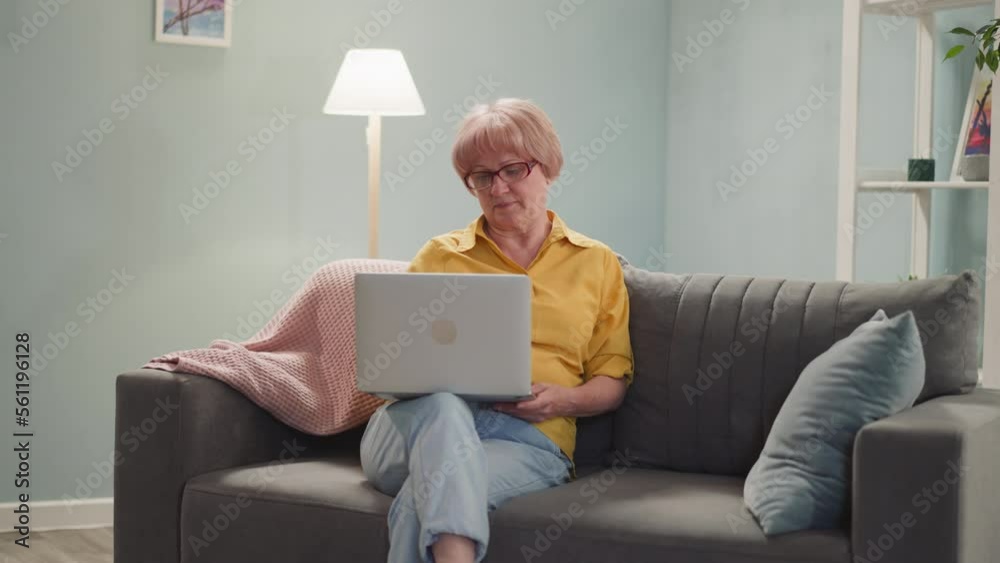 Tranquil mature woman works on laptop sitting on comfortable sofa at home slow motion. Old lady uses internet to connect with relatives. Digital technology Tranquil mature woman works on laptop sitting on comfortable sofa at home slow motion. Old lady uses internet to connect with relatives. Digital technology