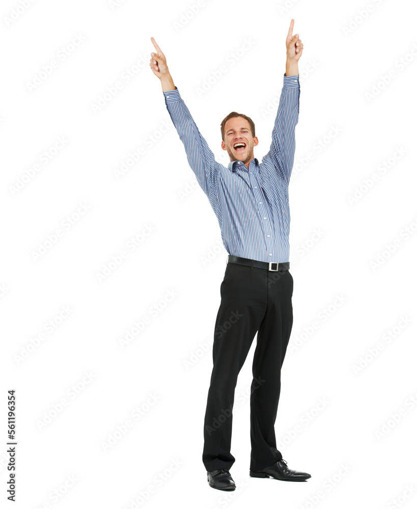 Businessman winner in portrait with success, cheers and achievement, arms in air against white background. Happy man, professional win and excited, corporate celebration with growth and bonus mockup Businessman winner in portrait with success, cheers and achievement, arms in air against white background. Happy man, professional win and excited, corporate celebration with growth and bonus mockup