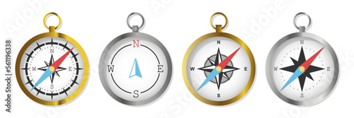 Vintage compass silver, golden colored with marine wind rose. Vector illustration