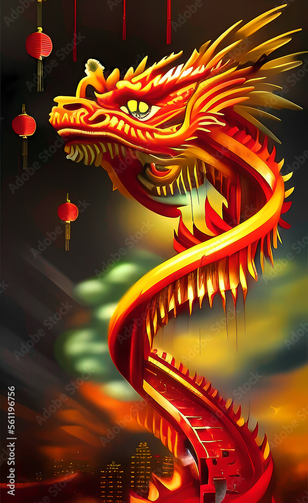 Fototapeta premium Chinese New Year celebration with a Chinese dragon. Bright greeting card. AI-generated digital illustration.
