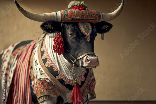 Spainish bull wearing national Span dress or clothes, Generative AI