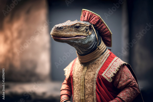 Indonesian komodo dragon wearing Indonesia national dress or clothes, Generative AI photo