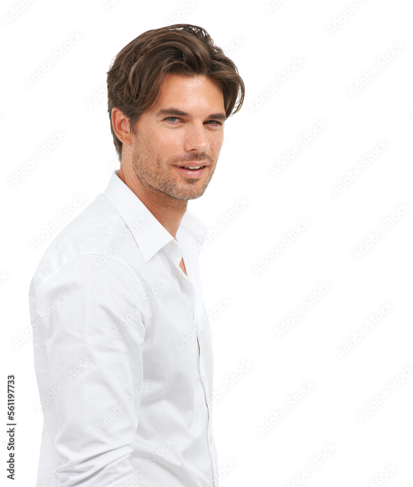 Portrait, shirt and mockup with a man model in studio on a white background for fashion or style. Face, sexy and masculine with a handsome young male posing to promote blank advertising space Portrait, shirt and mockup with a man model in studio on a white background for fashion or style. Face, sexy and masculine with a handsome young male posing to promote blank advertising space