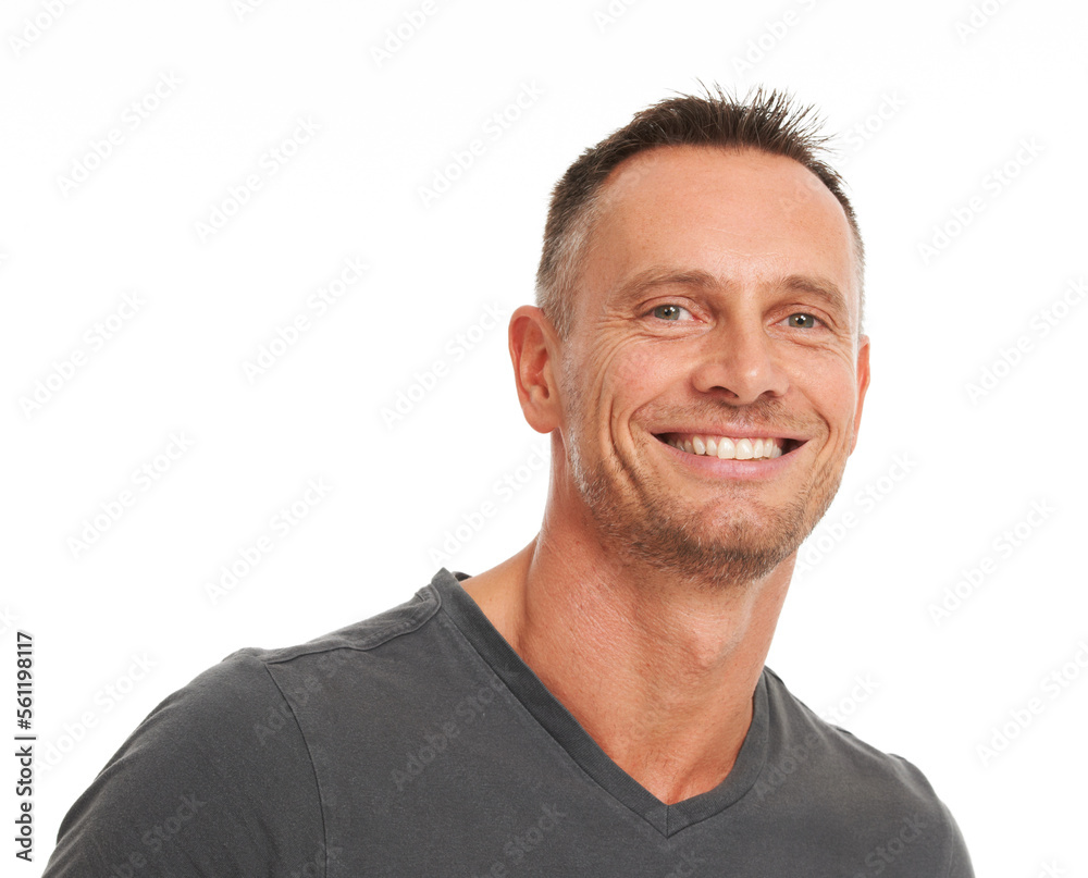 Obraz premium Mature man, portrait and smile with mockup background, studio space and trust in Australia. Happy face, headshot and confident guy, male model and relax with happiness, marketing and mock up backdrop