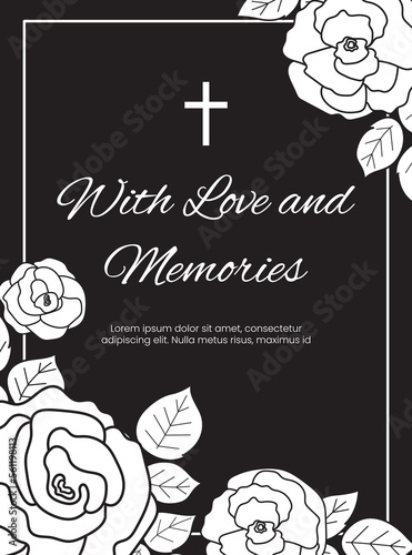 Condolence vector card template. Funeral frame with rose on black background. Sympathy card illustration