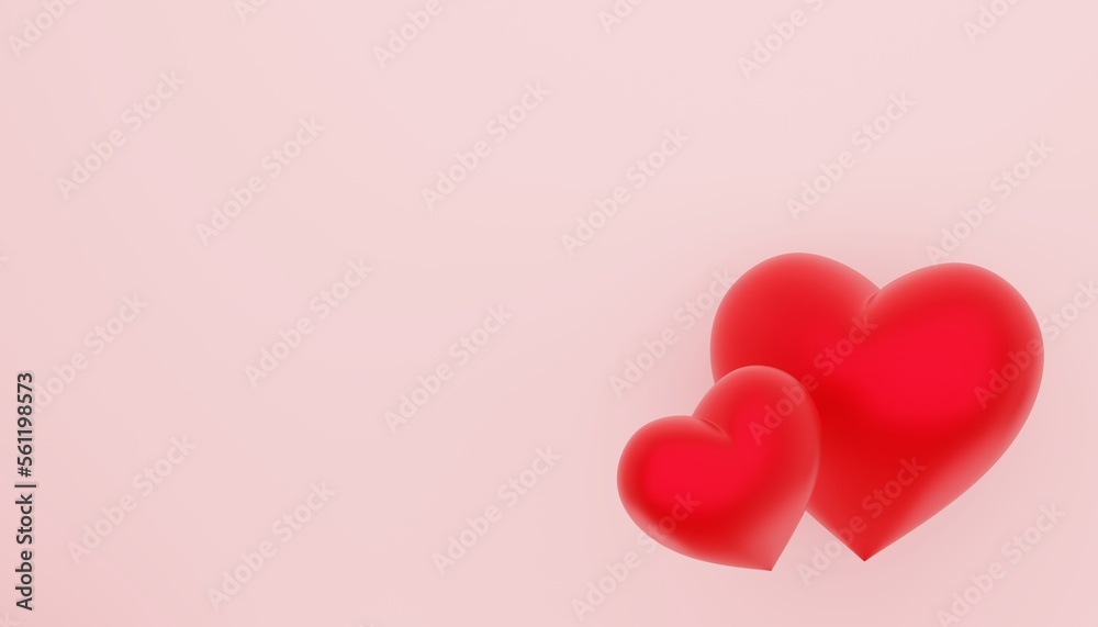 Two red hearts together on pastel pink background with copy space. 3D rendering