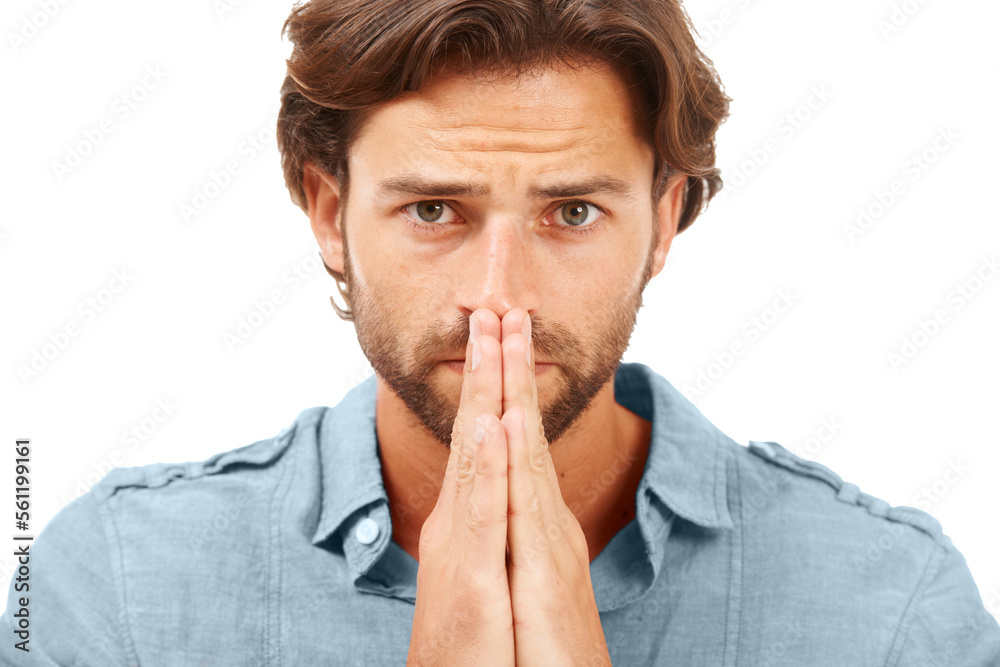 Portrait, man or anxiety and prayer hands on studio background in mental health, stress burnout or nervous. Zoom, face or worried model and hope, praying or wish gesture for good news, luck or change Portrait, man or anxiety and prayer hands on studio background in mental health, stress burnout or nervous. Zoom, face or worried model and hope, praying or wish gesture for good news, luck or change