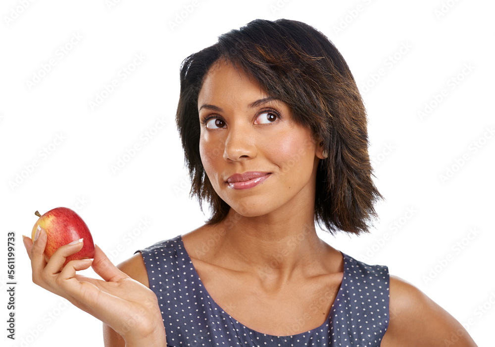 Fruit, thinking or black woman eating an apple in studio on white background with marketing mockup space. Choices, ideas or thoughtful African girl advertising a healthy natural diet for wellness Fruit, thinking or black woman eating an apple in studio on white background with marketing mockup space. Choices, ideas or thoughtful African girl advertising a healthy natural diet for wellness