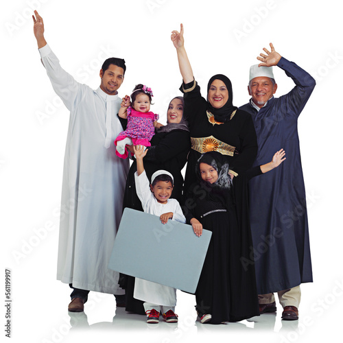 Muslim family, winning portrait and poster space with children and parents celebrate Islam religion. Arab women, men and kids with banner sign for peace and support isolated on a white background