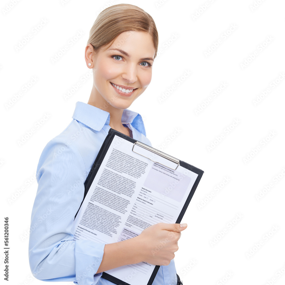 Business woman, portrait and clipboard on isolated white background for cv review, recruitment or mockup job interview. Smile, happy and human resources worker with paper documents for we are hiring Business woman, portrait and clipboard on isolated white background for cv review, recruitment or mockup job interview. Smile, happy and human resources worker with paper documents for we are hiring
