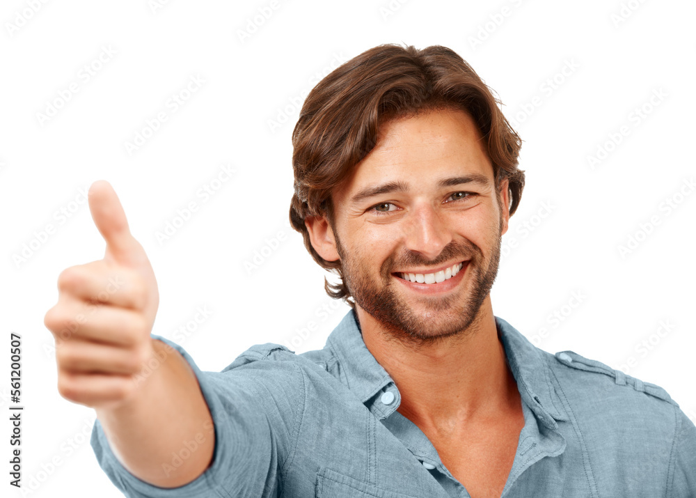 Thumbs up, OK and man with smile, face with hand sign, yes and thank you with feedback against white background. Happy man, agreement and success with motivation for winner and vote in portrait Thumbs up, OK and man with smile, face with hand sign, yes and thank you with feedback against white background. Happy man, agreement and success with motivation for winner and vote in portrait