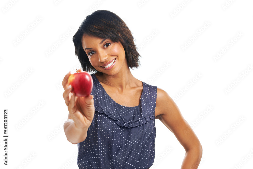 Portrait, mockup or black woman eating an apple or fruits in studio on white background with marketing space. Smile, organic or happy African girl advertising healthy diet for self care or wellness Portrait, mockup or black woman eating an apple or fruits in studio on white background with marketing space. Smile, organic or happy African girl advertising healthy diet for self care or wellness