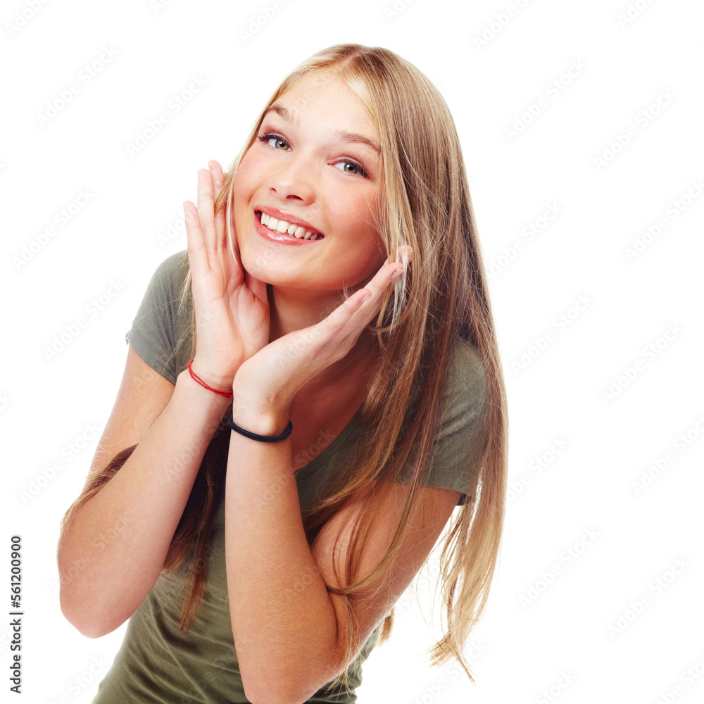 Young girl, smile portrait and teenager makeup or gen z fashion, happy beauty vision and comic motivation. Happy teen, facial cosmetics and trendy urban style headshot in white studio background Young girl, smile portrait and teenager makeup or gen z fashion, happy beauty vision and comic motivation. Happy teen, facial cosmetics and trendy urban style headshot in white studio background