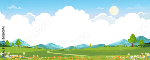 Fototapeta Naklejka Na Ścianę i Meble -  Spring green fields landscape with mountain, blue sky and clouds background,Panorama peaceful rural nature in springtime with green grass land. Cartoon vector illustration for spring and summer banner