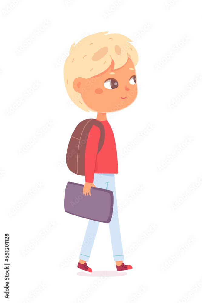 School student character walking with laptop, happy cute boy with school backpack