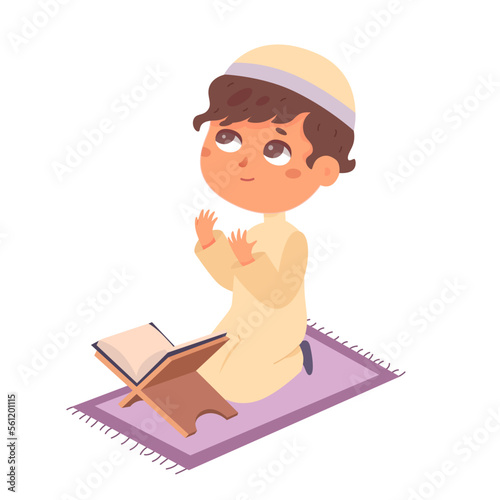 Muslim boy praying, child in traditional islamic hat and dress sitting on knees to pray
