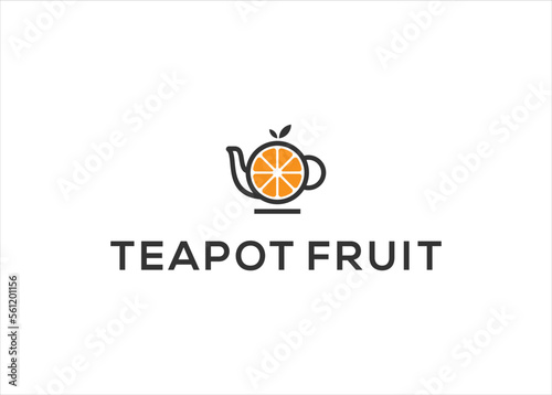 teapot with orange fruit  logo design vector template