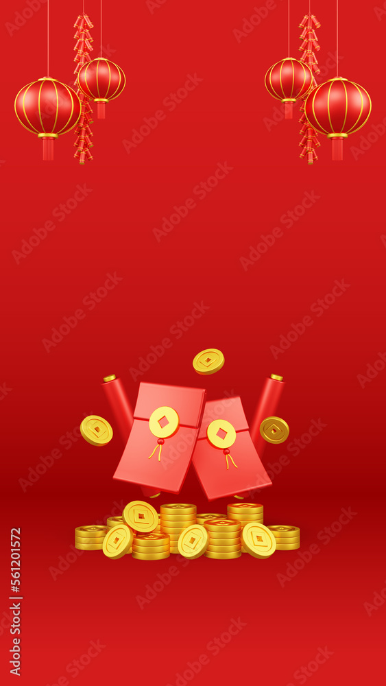 Chinese New Year 3D Illustration With Ornament For Event Promotion Social Media Landing Page lucky money with red lanterns and coins for chinese new year celebration for the Chinese New Year