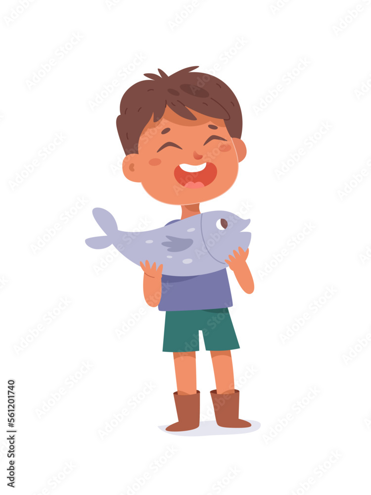 Happy boy holding fish, lucky little fisherman caught fish in water of summer river Happy boy holding fish, lucky little fisherman caught fish in water of summer river