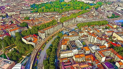 Turin, Italy. Flight over the city. Historical center, top view. Bright cartoon style illustration. Aerial view photo