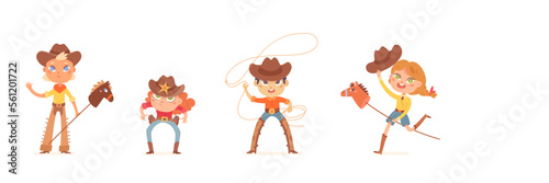 Children play cowboys set, boys and girls wear sheriff costume, hat and leather boots