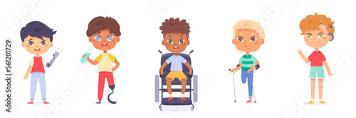 Disabled boys set, cute kids in wheelchair, on crutches or with prosthetic arm and leg