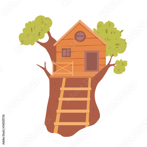 Wooden house on summer green tree, empty treehouse with ladder in woods, park or garden