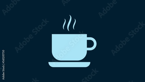 White Coffee cup icon isolated on blue background. Tea cup. Hot drink coffee. 4K Video motion graphic animation
