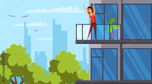 Sport exercises of woman on balcony of modern home apartment with panoramic windows