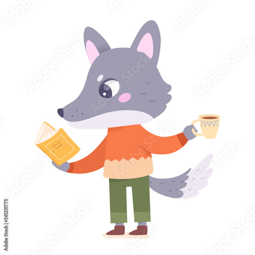 Cute wolf reading book, forest hipster character holding cup of coffee, open paper book