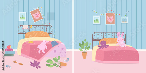 Messy and clean kids bedroom comparison, room of house with bed before and after tidying
