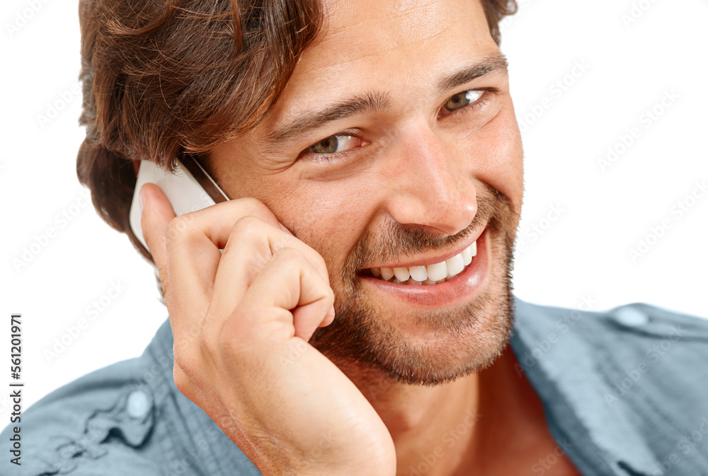 Phone call, communication and face portrait of happy man talking, speaking or studio chat to digital mobile contact. Smartphone user, conversation discussion and model networking on white background Phone call, communication and face portrait of happy man talking, speaking or studio chat to digital mobile contact. Smartphone user, conversation discussion and model networking on white background
