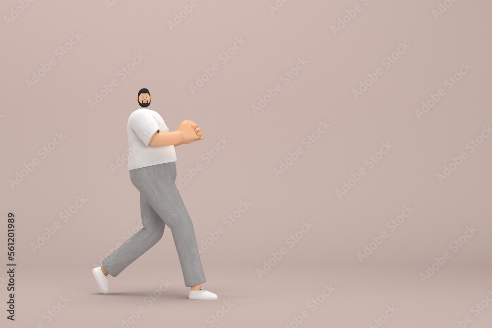 The man with beard wearinggray corduroy pants and white collar t-shirt. He is pulling or pushing something. 3d rendering of cartoon character in acting. The man with beard wearinggray corduroy pants and white collar t-shirt. He is pulling or pushing something. 3d rendering of cartoon character in acting.