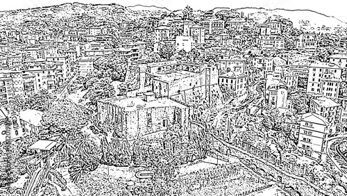 La Spezia, Italy. Castle of San Giorgio. View from above. Doodle sketch style. Aerial view