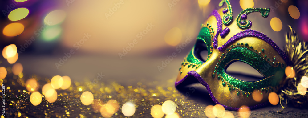 Gold, purple and green glittery mardi gras mask on shining bokeh city banner. Generative AI illustration - obrazy, fototapety, plakaty 