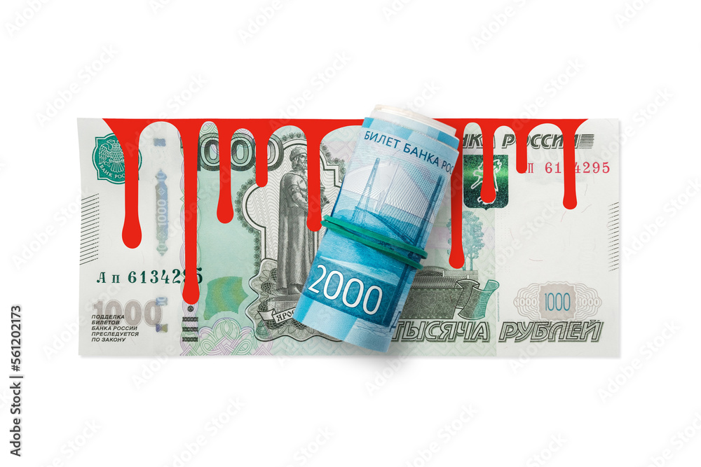 Russian rubles on a white background with blood. Business companies leave Russia. Rouble is the currency of the Russian Federation. Russian rubles on a white background with blood. Business companies leave Russia. Rouble is the currency of the Russian Federation.