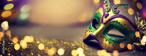 Gold, purple and green glittery mardi gras mask on shining bokeh city banner. Generative AI illustration photo
