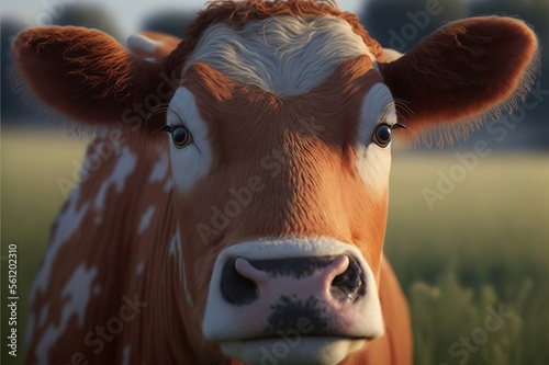 Portrait of a brown and white cow in a field. Generative AI illustration.