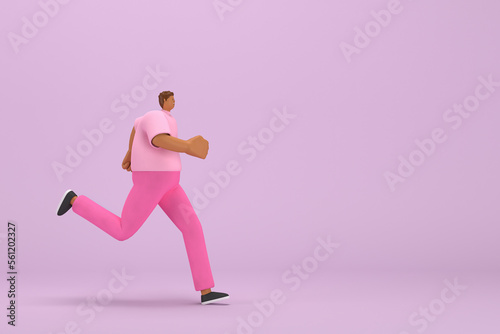 The black man with pink clothes. He is running. 3d rendering of cartoon character in acting.