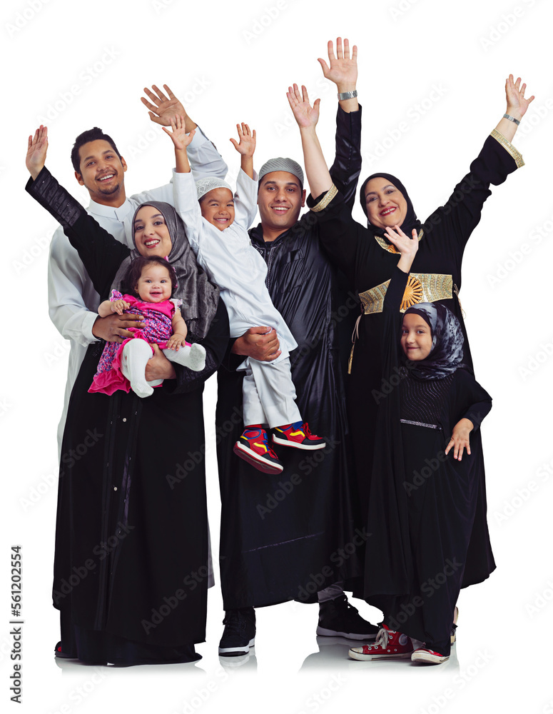Muslim family, portrait and celebrate eid with women, men and children together for Islam religion. Hands of Arab parents and kids together for culture, love and peace isolated on a white background