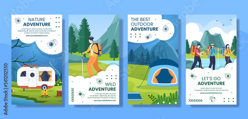 Nature Adventurer or Vacation Social Media Stories Flat Cartoon Hand Drawn Templates Illustration