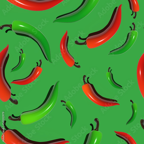 Seamless pattern with 3d red and green hot chilli peppers on green background. For fabric, web, paper, print, website, wallpaper.