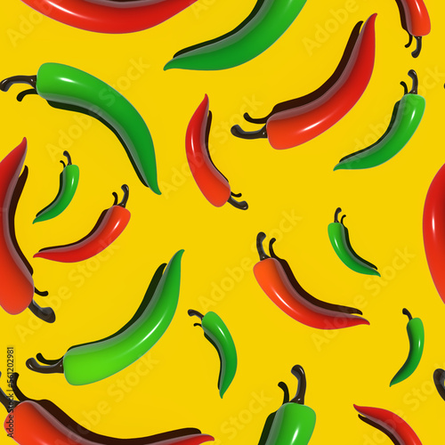 Seamless pattern with 3d red and green hot chilli peppers on yellow background. For fabric, web, paper, print, website, wallpaper.