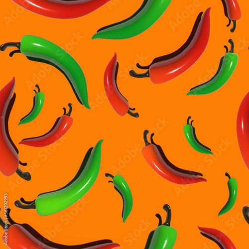 Seamless pattern with 3d red and green hot chilli peppers on orange background. For fabric, web, paper, print, website, wallpaper.