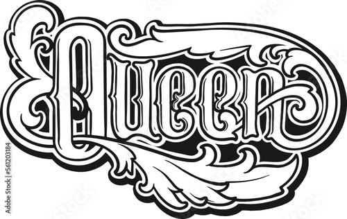 Fototapeta Naklejka Na Ścianę i Meble -  Vintage queen hand lettering word swirls flourish outline Vector illustrations for your work Logo, mascot merchandise t-shirt, stickers and Label designs, poster, greeting cards advertising business 