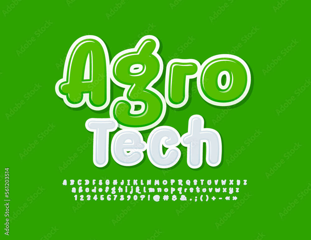 Vector bright poster Agro Tech. Modern handwritten Font. Creative Alphabet Letters, Numbers and Symbols set Vector bright poster Agro Tech. Modern handwritten Font. Creative Alphabet Letters, Numbers and Symbols set