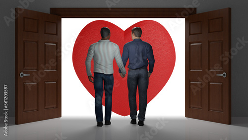 Amore, San Valentino. Coppia di due uomini attraversa una porta verso il futuro insieme. photo