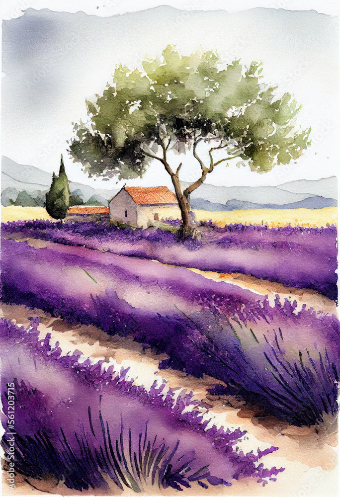 Lavande Provence, France. Champ de lavande peinture aquarelle. Generative AI. - obrazy, fototapety, plakaty 